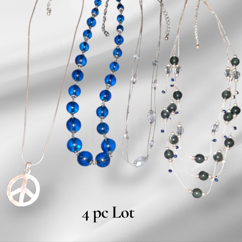 Lot 4 Necklaces Silvertone Blue Green Peace Sign Unbranded Bead Boho Chic